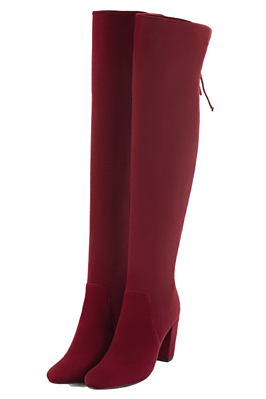 Burgundy red women's leather thigh-high boots. Round toe. High block heels. Made to measure - Florence KOOIJMAN